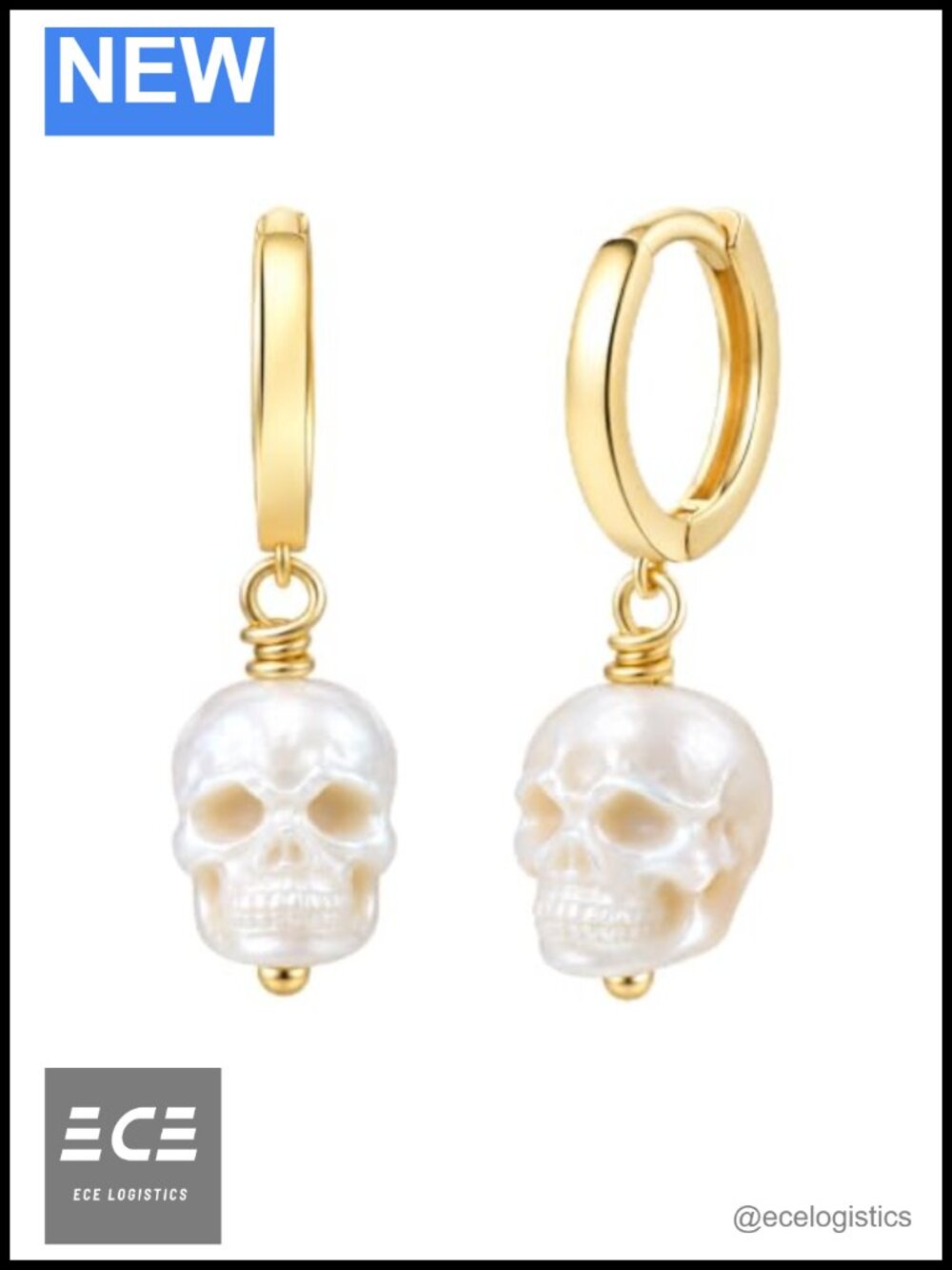 Carved Freshwater Pearl Skull Huggie Earrings 925 Sterling Silver 14K Gold